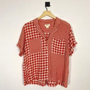 Maeve Anthroplogie Bon Voyage Red Houndstooth Patchwork Button Up Size Medium